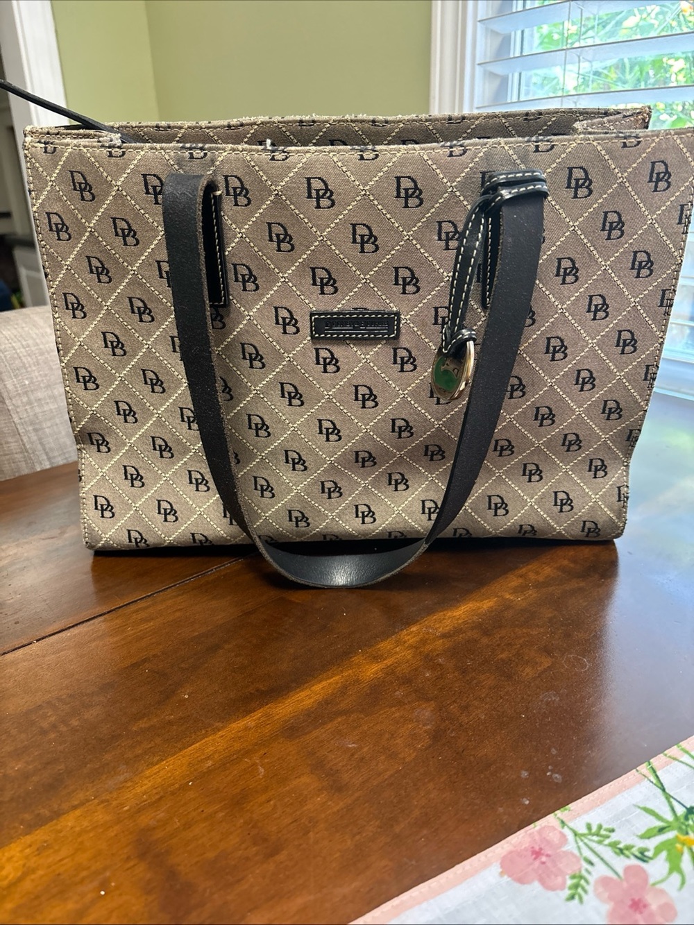 Dooney & Bourke Beige Monogram Tote with Black Straps
